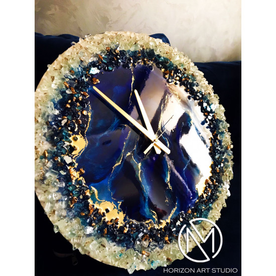 Blue crystals marble wall clock - 40cm