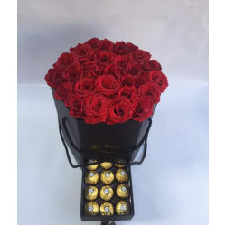 Hexagonal box of red roses, Ferrero chocolate